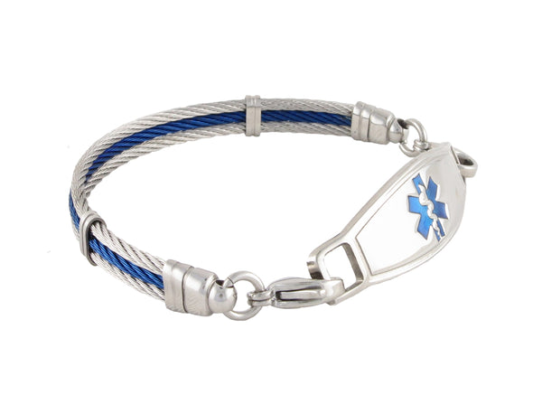 Blue and silver cable medical alert bracelet.