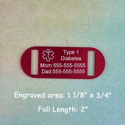 Type 1 Diabetes engraved red medical ID tag with size description.