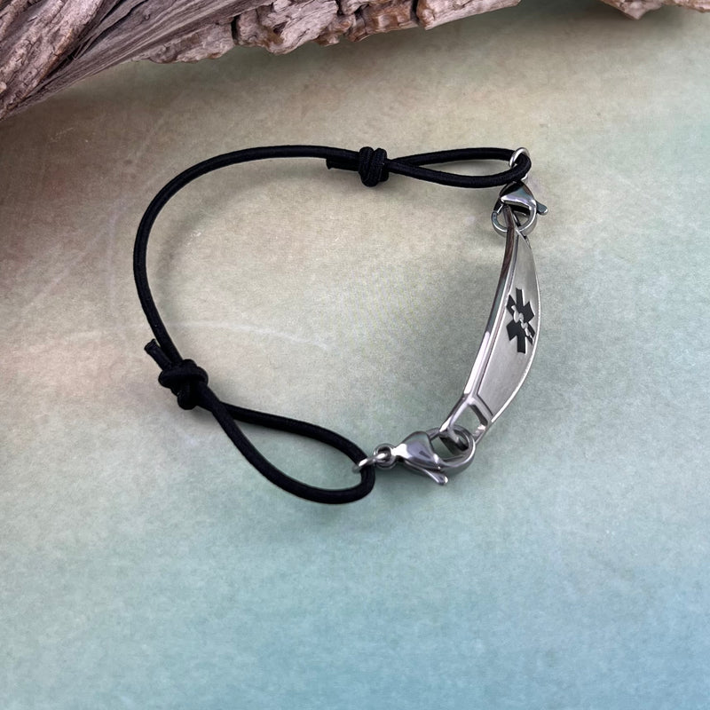Black thin cord adjustable medical alert bracelet.