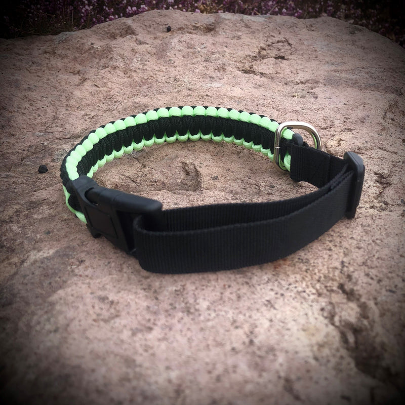 Paracord Glow In The Dark Dog Collar in lime green and black.