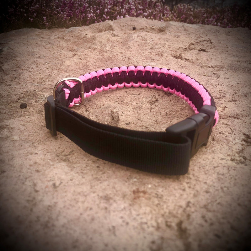 Paracord Glow In The Dark Dog Collar in Pink and Black.