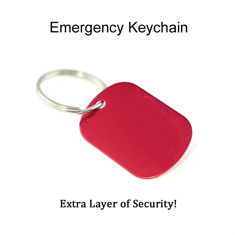 Red customizable emergency ID keychain with spiral keyring.