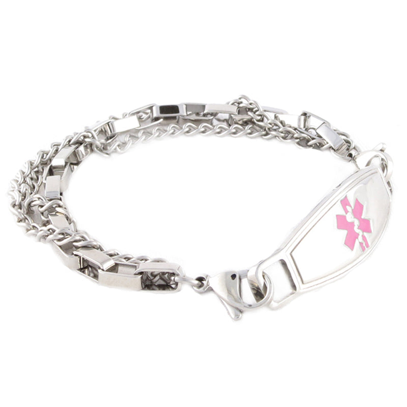 Stainless steel medical alert bracelet with three chains and a pink star of life medical ID tag.