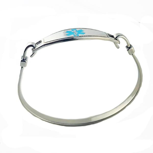 Stainless steel bangle medical alert bracelet with turquoise star of life medical tag side view.