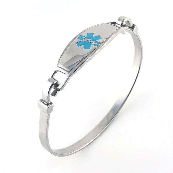 Stainless steel bangle medical alert bracelet with turquoise star of life medical tag.
