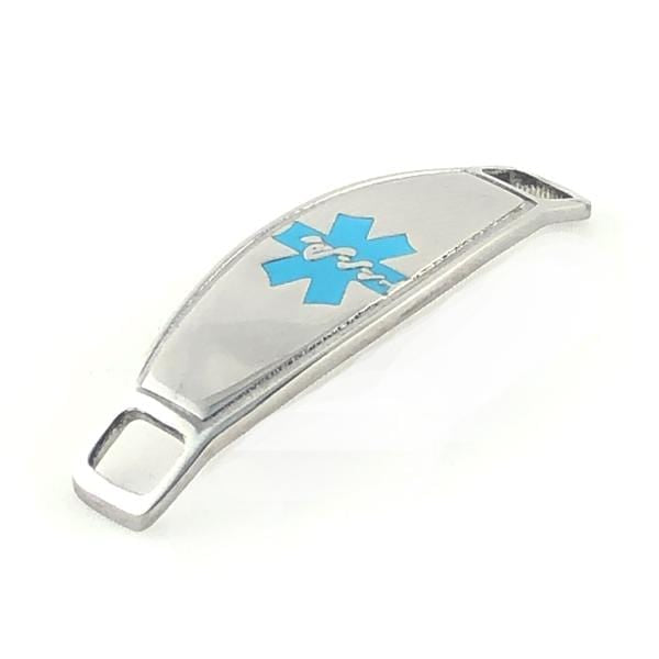 Stainless steel medical tag with turquoise star of life symbol.
