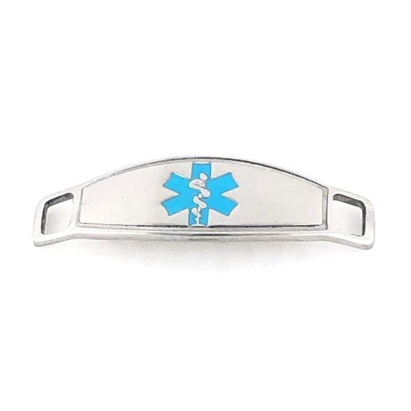 Stainless steel medical tag with turquoise star of life symbol.