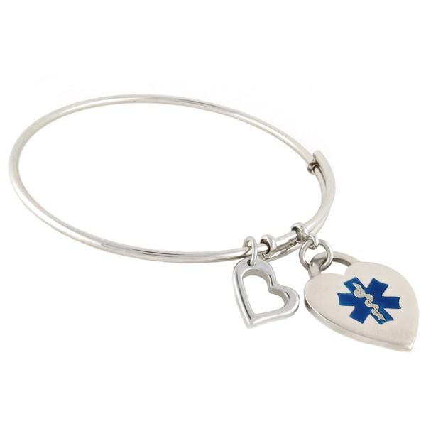 Stainless Steel Bangle and heart medical charm with blue star of life symbol and attached heart decorative charm.