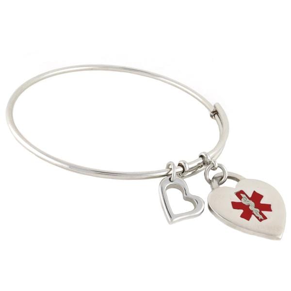 Stainless Steel Bangle and heart medical charm with red star of life symbol and attached heart decorative charm.