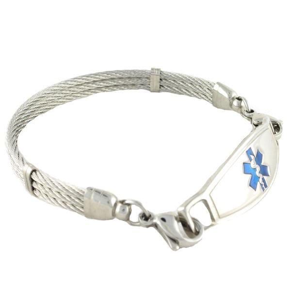 Triple strand cable stainless steel medical alert bracelet with blue star of life medical tag