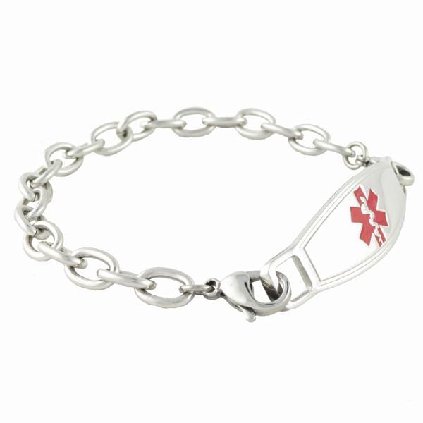 Stainless steel medical alert bracelet with round links, and a red star of life medical ID tag.