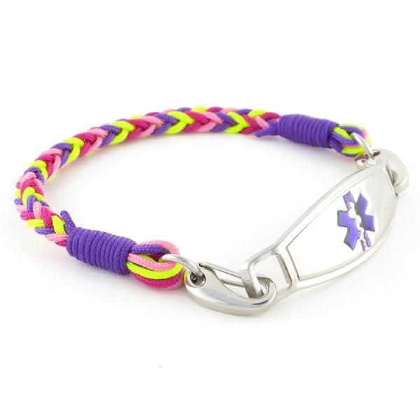 Nylon braided purple, pink and green medical alert bracelet.