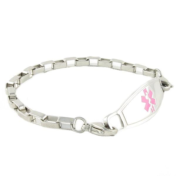 Square link stainless steel medical alert bracelet with pink star of life medical ID tag