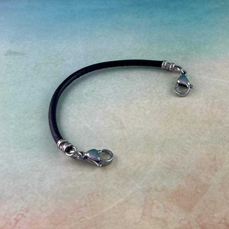 Black leather replacement medical alert bracelet with  stainless steel lobster clasps.