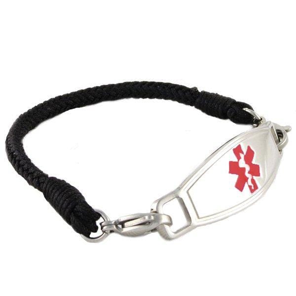 Black braided nylon medical alert ID bracelet with red star of life medical ID tag.