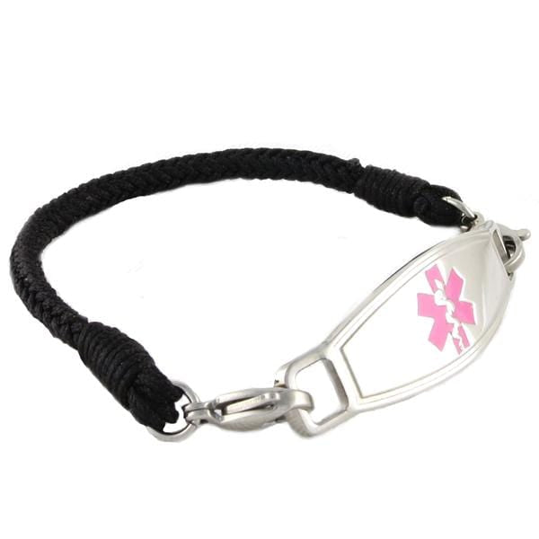 Black braided nylon medical alert ID bracelet with pink star of life medical ID tag.