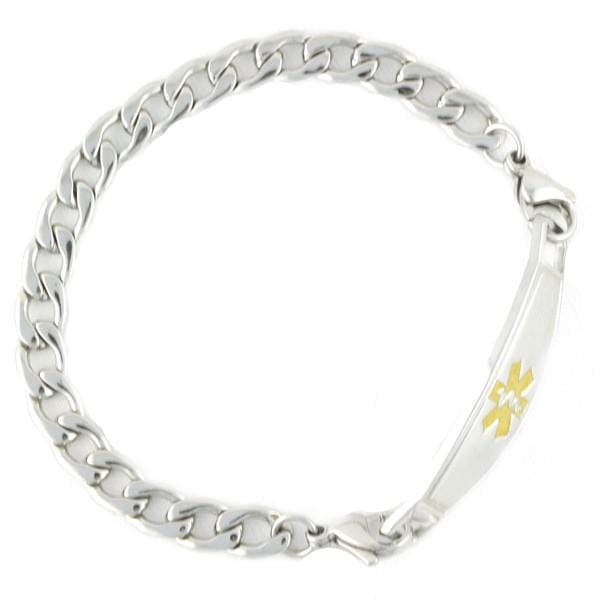 Stainless steel link chain medical alert ID bracelet with gold star of life medical ID tag.