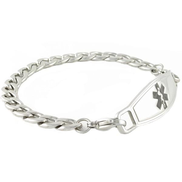 Stainless steel link chain medical alert ID bracelet with black star of life medical ID tag.