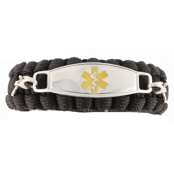 Black paracord medical ID bracelet with gold medical ID tag.