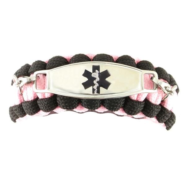 Pink and black paracord medical ID bracelet with black medical ID tag.