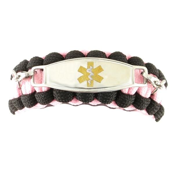 Pink and black paracord medical ID bracelet with gold medical ID tag.