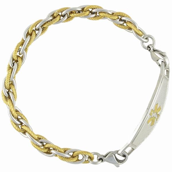 Silver and gold rope chain medical alert bracelet.