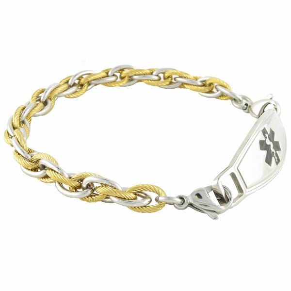 Silver and gold rope chain medical alert bracelet with black star of life medical Id tag.