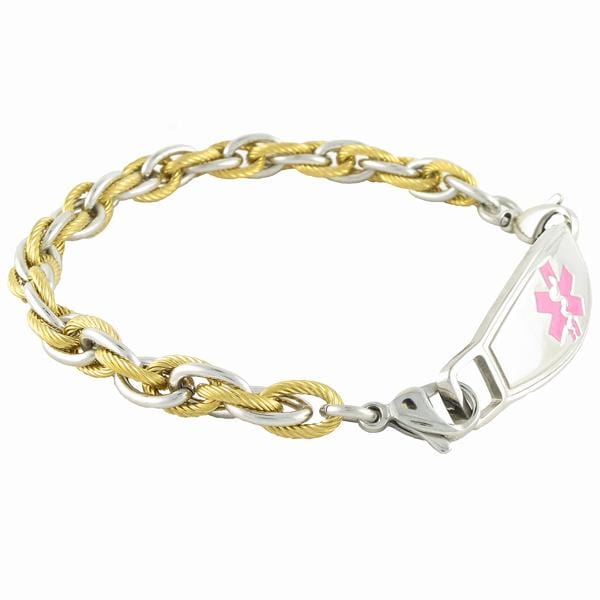 Silver and gold rope chain medical alert bracelet.