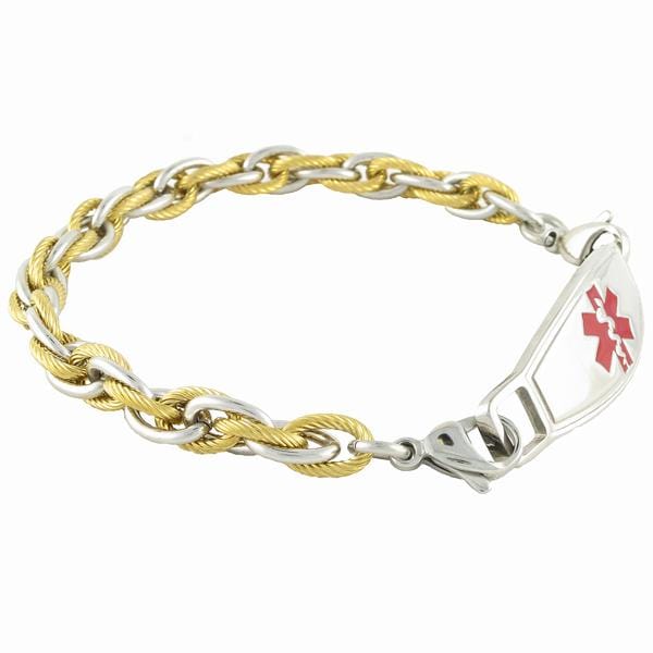 Silver and gold rope chain medical alert bracelet with red star of life medical Id tag.