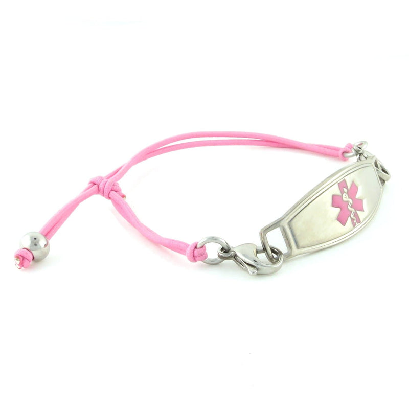 Pink medical alert bracelet.