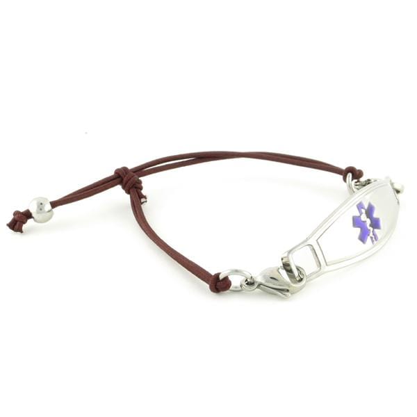 Brown adjustable medical alert bracelet with purple symbol medical tag.