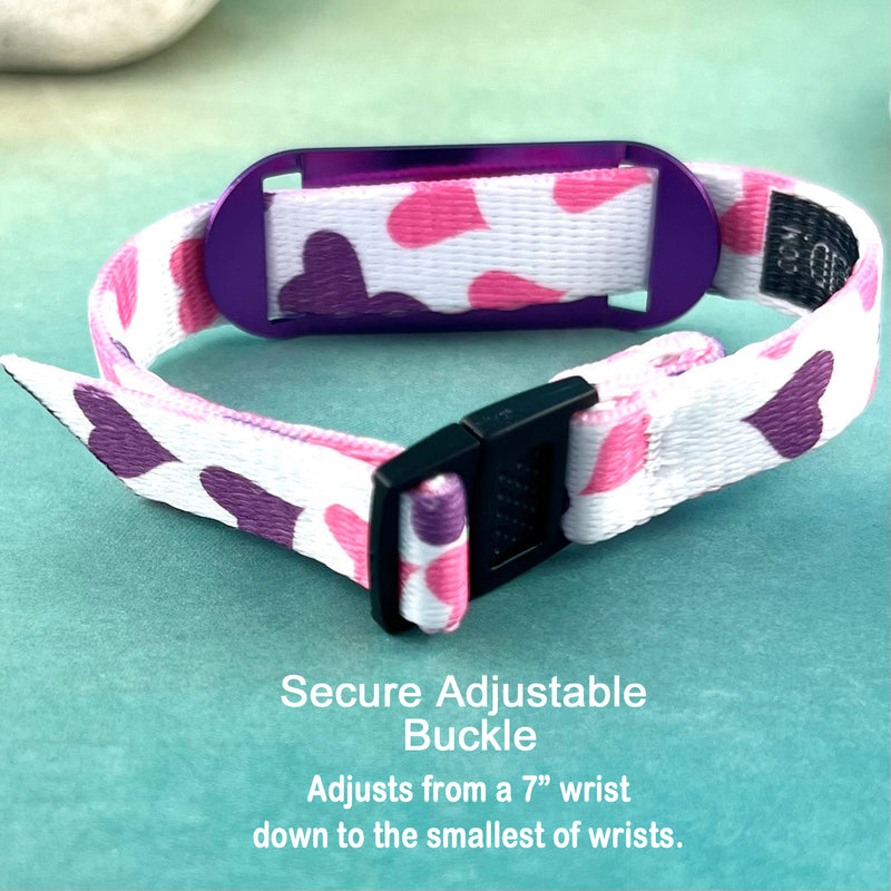 Purple and pink heart print band with description of the buckle adjustment.