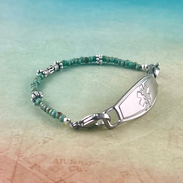 Turquoise and silver beaded medical alert bracelet for women.