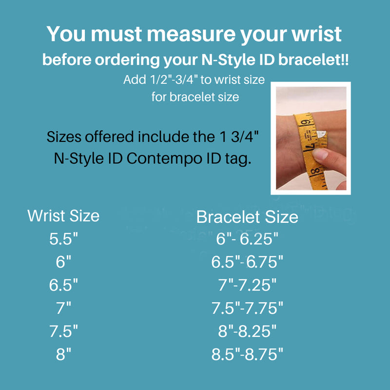 Size chart for measuring your wrist for an N-Style ID medical bracelet.