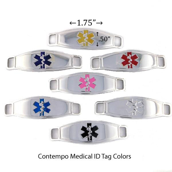 Medical ID tags with gold, black red, pink, blue and black star of life color options and size description for the N-Style ID Contempo medical tag.