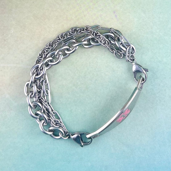 Stainless steel medical alert bracelet with 3 different shaped chains.