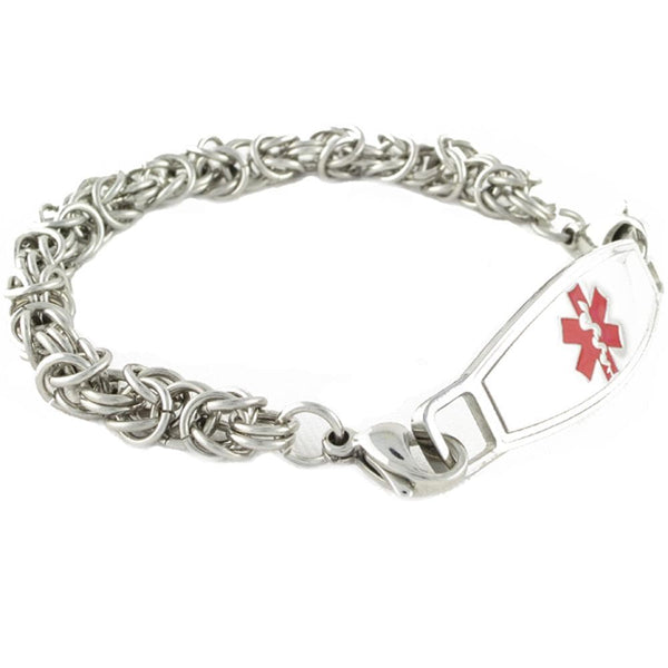 Stainless steel byzantine medical alert ID bracelet.