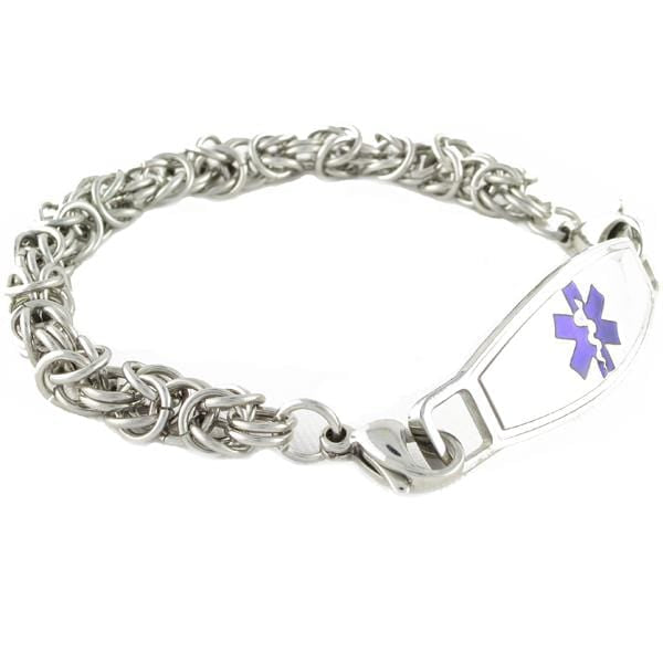 Stainless steel byzantine medical alert ID bracelet with purple star of life medical ID tag.
