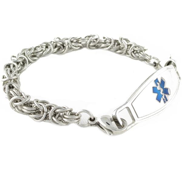Stainless steel byzantine medical alert ID bracelet with blue star of life medical ID tag.