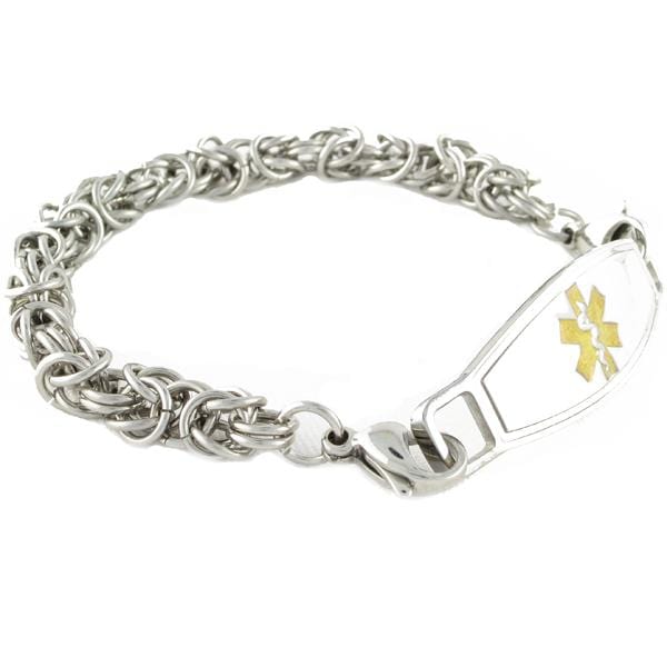 Stainless steel byzantine medical alert ID bracelet with gold star of life medical ID tag.
