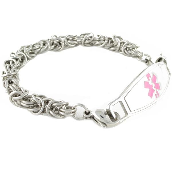 Stainless steel byzantine medical alert ID bracelet with pink star of life medical ID tag.