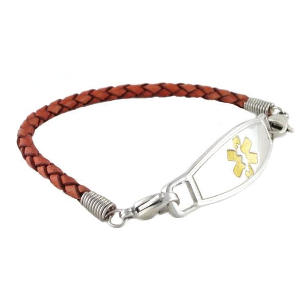 Medical ID Bracelet Brown Braided Leather with medical ID tag - n-styleid.com