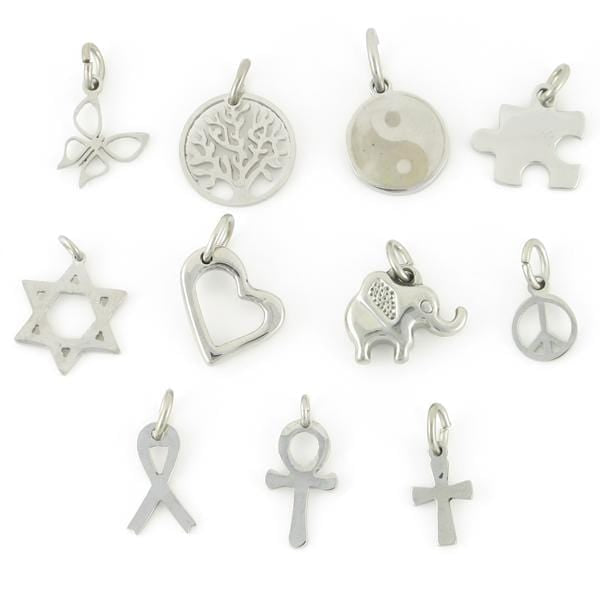 Butterfly, tree of life, ying yang, puzzle heart, elephant, peace, awareness, and cross stainless steel charms.