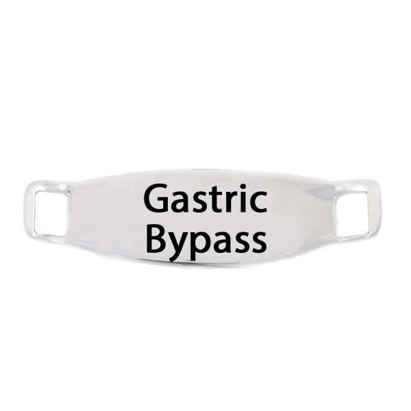 Turquoise Back side of stainless steel medical alert tag with example of gastric bypass  engraving.