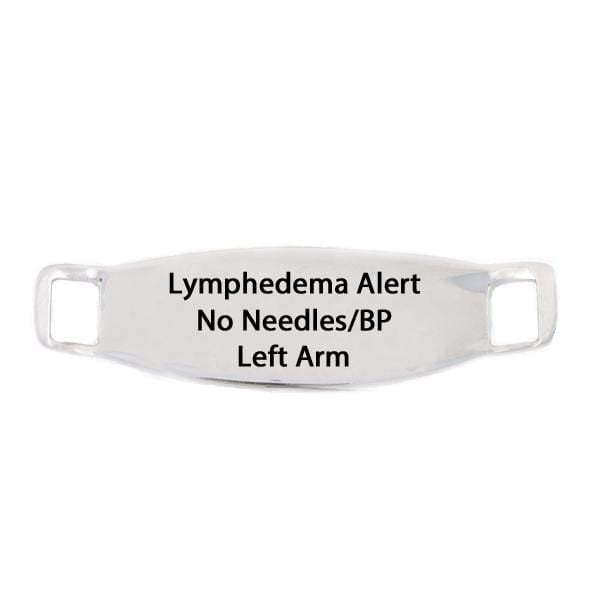 Back side of stainless steel medical alert tag with example of lymphedema alert engraving.