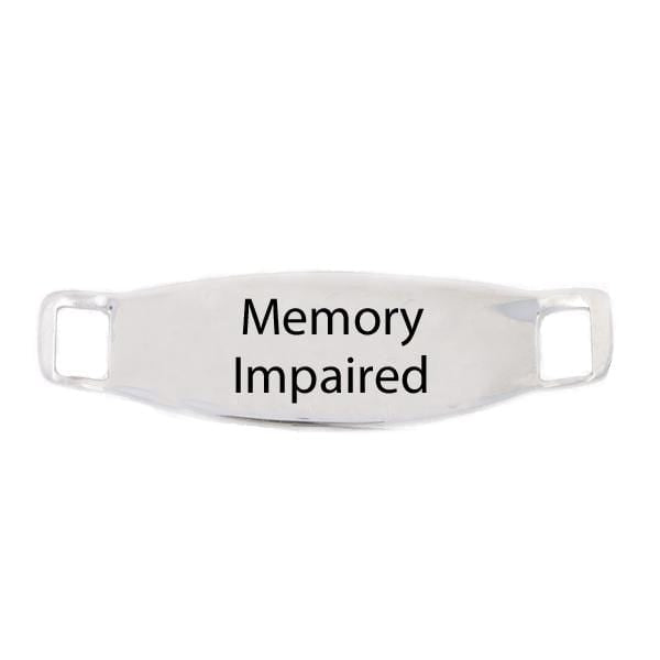 TurquoiseBack side of stainless steel medical alert tag with example of memory impaired engraving.