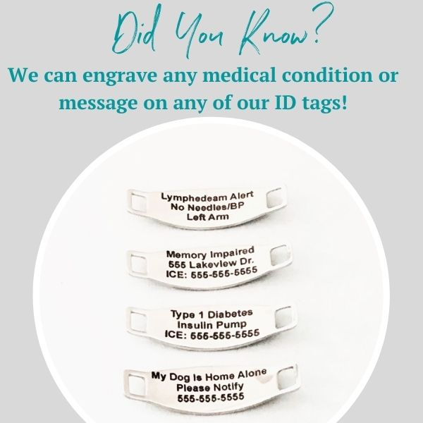 Medical information engraving examples on 4 N-Style ID kids medical alert bracelet designs.