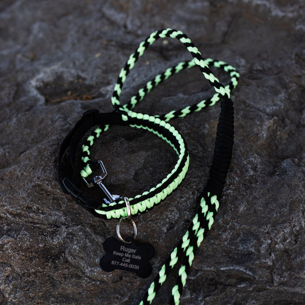 Paracord Glow In The Dark Dog Collar and leash  in lime green and black.