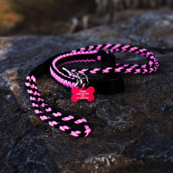 Paracord Glow In The Dark Dog Collar and leash  in Pink and Black.