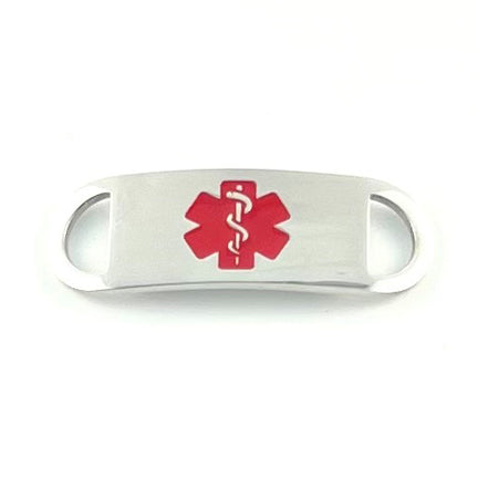 Stainless steel medical ID tag with red star of life symbol.
